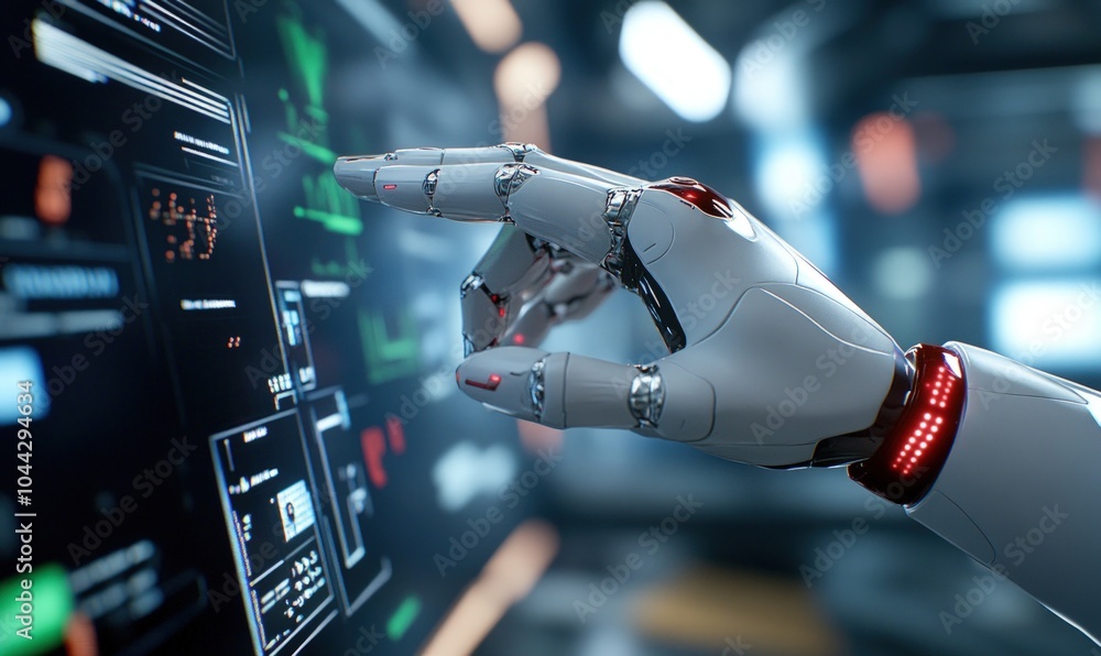 Aufkleber a robotic hand interacts with a digital display in a futuristic setting.