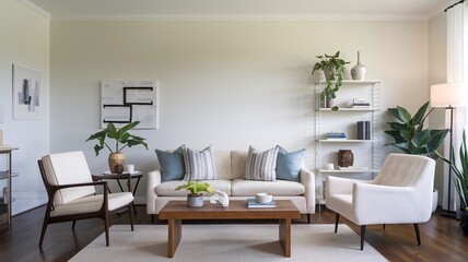 Fototapeta premium Contemporary A modern living room with a white sofa, two armchairs, a coffee table, a bookshelf, and plants.