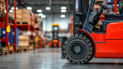 Fototapeta premium Close-up of a red forklift in a warehouse environment, showcasing the wheel and surrounding storage areas, emphasizing industrial logistics.