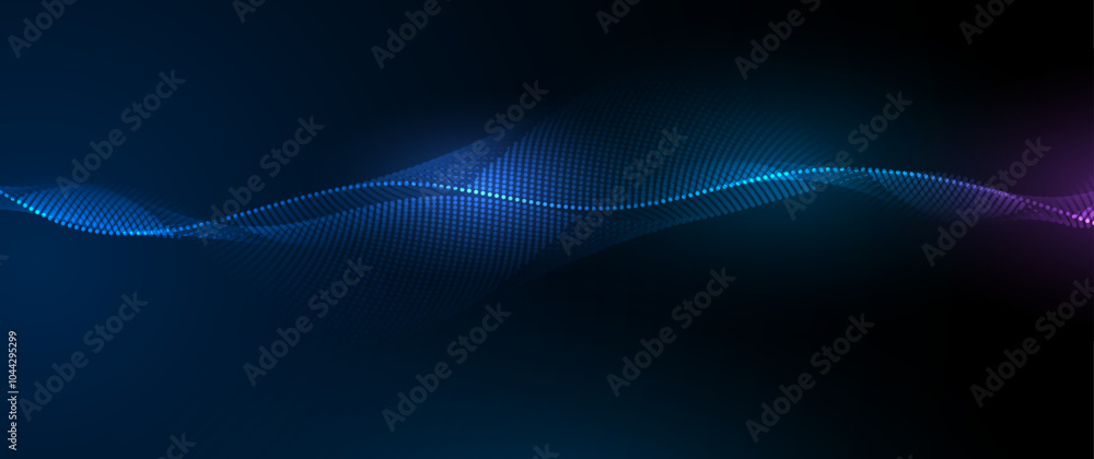 Poster Vector abstract dynamic, wave - flow mesh particles pattern and dot on dark blue background. Illustration design futuristic, network technology background. Modern digital datum and science concept