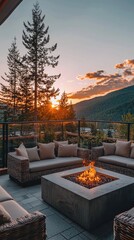 Cozy Rooftop Patio with Fire Pit at Sunset