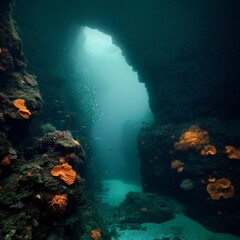 Obraz premium Mystical underwater cave with glowing sea creatures