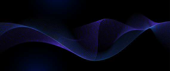 Vector element. Abstract wave line, particle dot pattern, neon light on dark blue gradient background. Modern futuristic design for banner background. Network, science, tech, data technology concept
