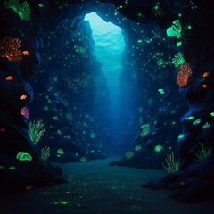 Obraz premium Mystical underwater cave with glowing sea creatures