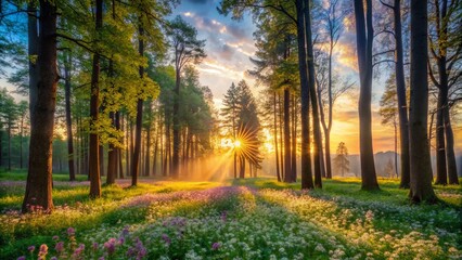 Fototapeta premium Morning in the Spring Forest - Silhouette Photography of Trees and Nature Awakened by Dawn Light