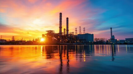 Obraz premium Sunset Over Power Plant Reflection on Water