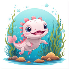 Cute cartoon axolotl character. Funny underwater aquatic animal. Happy and cheerful emotions. Vector drawing. Collection of design elements.