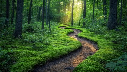 Obraz premium Sunlit Path Through Lush Green Forest