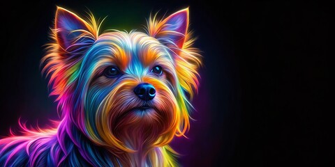 Fototapeta premium Neon Yorkshire Terrier in Vibrant Colors with Copy Space for Creative Designs and Pet Lovers