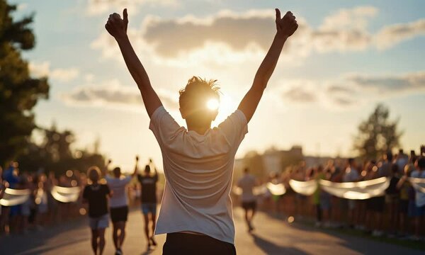 Runner with arms raised in victory during marathon race.