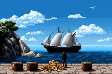 Pixel art of a person finding a treasure in a video game, with pixelated details showing the joy and excitement of discovering good things