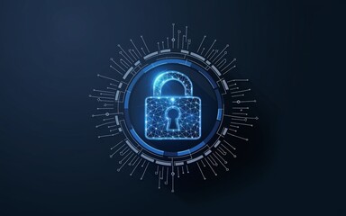 Fototapeta premium A blue glowing padlock in a digital circle, representing cybersecurity and data protection.