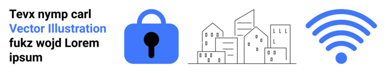 Blue lock, outline of buildings, and wireless symbol convey cybersecurity, smart cities, communication, and data protection. Ideal for technology, security, urban planning, wireless connectivity