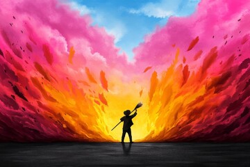 Fototapeta premium Watercolor depiction of an artist creating a colorful painting, with bright, expressive brushstrokes symbolizing the flow of inspiration and creativity