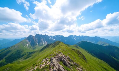Obraz premium A panoramic view of a mountain range with green grass and snow-capped peaks under a blue sky with white clouds.