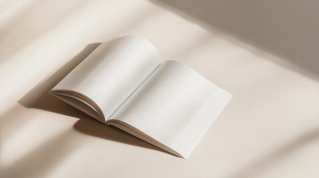 A serene minimalist composition featuring an open magazine on a soft surface with gentle shadows and natural light
