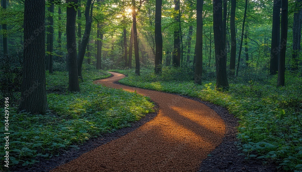 Poster sunlit path winding through a lush forest