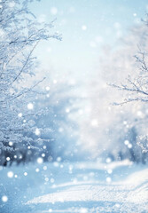 A serene winter wonderland captivating snowy landscape with softly blurred trees and gentle snowfall capturing tranquility
