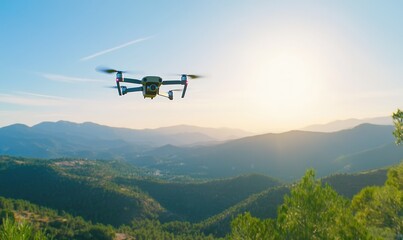 A drone flying over a mountain range at sunset.