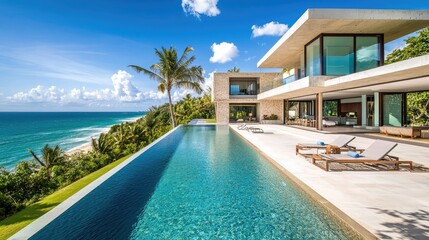 Fototapeta premium Modern Beachfront Villa with Sleek Infinity Pool