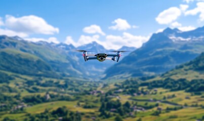 Fototapeta na wymiar Drone flying over a valley with mountains in the background.