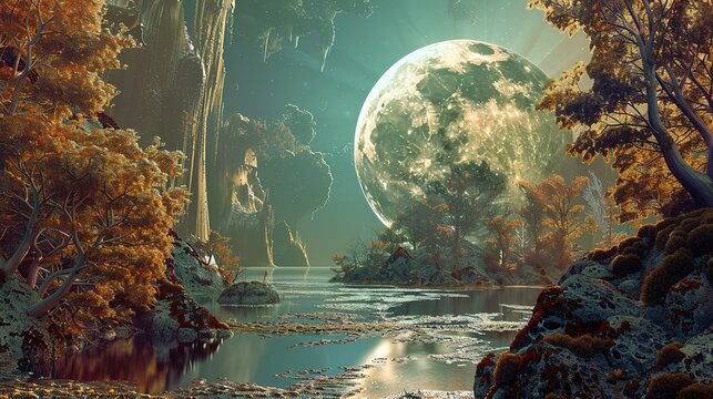 A Tranquil Alien Landscape with a Large, Bright Moon