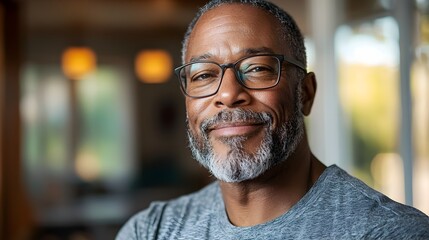 Fototapeta premium A joyful man in glasses standing in the golden glow of indoor sunlight with a peaceful smile on his face exuding a sense of tranquility and inner contentment