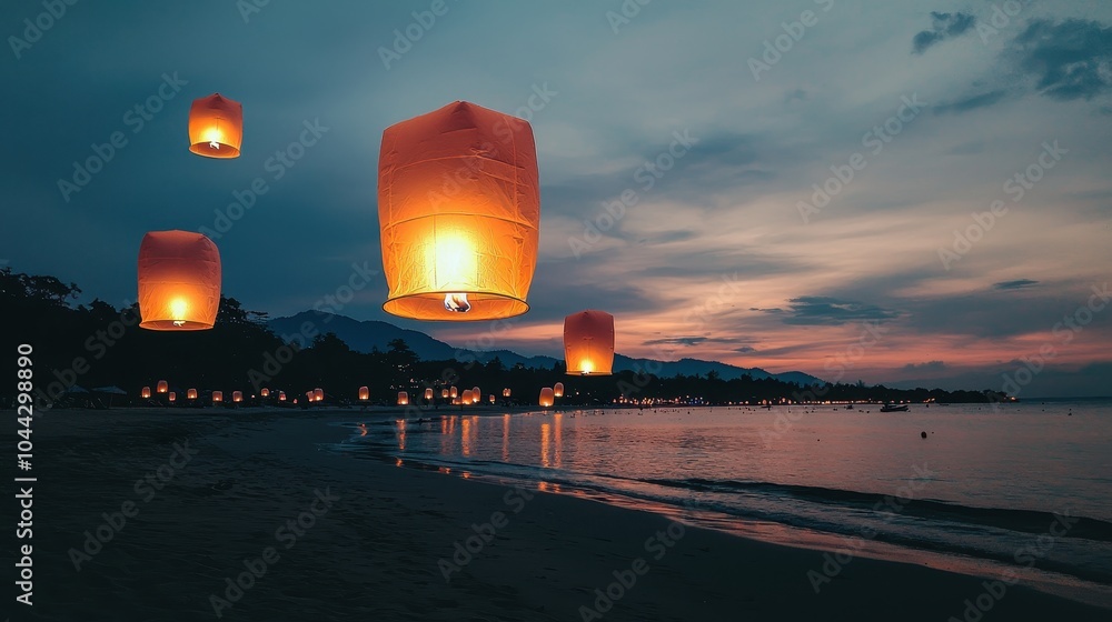 Poster the image shows floating lanterns illuminating the sky at dusk over a serene beach, creating a tranq