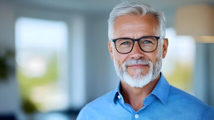 Fototapeta premium Cheerful confident man in glasses standing in a sunlit room soaking in the warm glowing natural light and feeling content and relaxed in the peaceful modern office environment