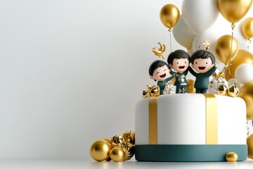 3D rendering of a family celebrating together, with colorful decorations and detailed characters showing the good things shared in a celebration