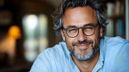 Obraz premium A content bespectacled man standing by a sunlit window basking in the warm soft rays of the indoor sun immersed in a moment of tranquility and introspection