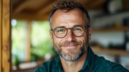 Obraz premium Cheerful Middle aged Man Wearing Glasses Standing in Sunlit Corner of His Home Enjoying the Warm Indoor Sunshine and Feeling Relaxed in His Casual Comfortable Surroundings