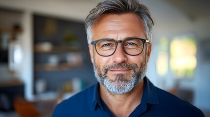 Obraz premium A cheerful man wearing glasses is standing in a sunlit corner of his comfortable home enjoying the warm and peaceful atmosphere of the indoor sunshine