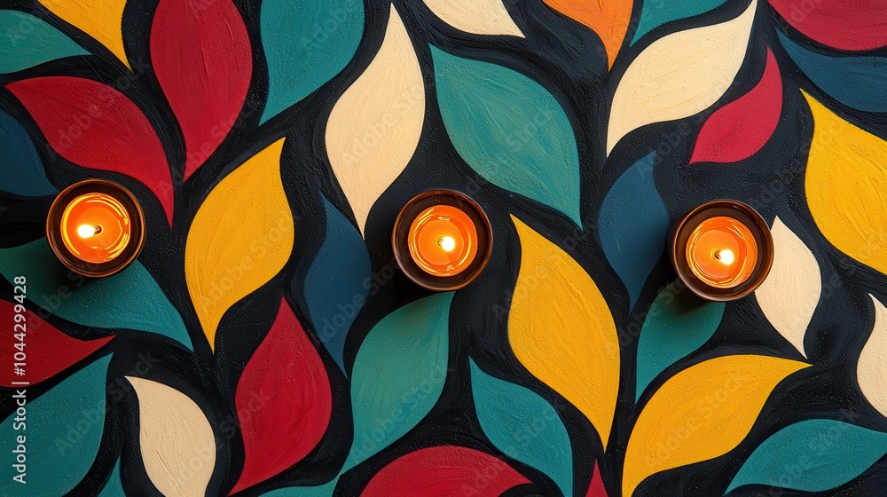 Poster a vibrant design featuring colorful leaves with three glowing candles in the center, creating a warm