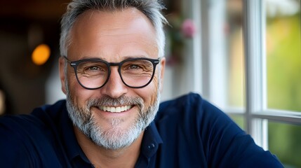 Fototapeta premium A content middle aged man standing by a window basking in the warm indoor sunlight and smiling reflectively exuding a sense of happiness relaxation and mindful presence