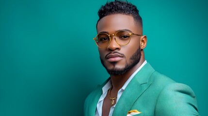 Fototapeta premium Fashionable Businessman Posing Confidently in Elegant Designer Suit on Vibrant Teal Backdrop Exuding Elegance Style and Sophistication