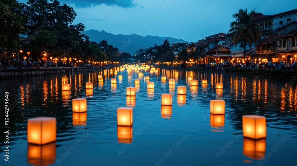Poster a serene river scene illuminated by floating lanterns at dusk, creating a magical atmosphere with re