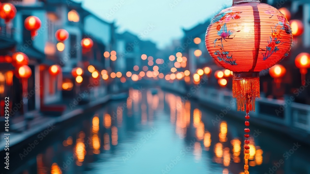 Poster a serene canal scene illuminated by glowing lanterns, capturing the charm of traditional architectur