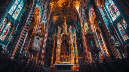 Fototapeta premium Majestic Cathedral Interior with Golden Pulpit