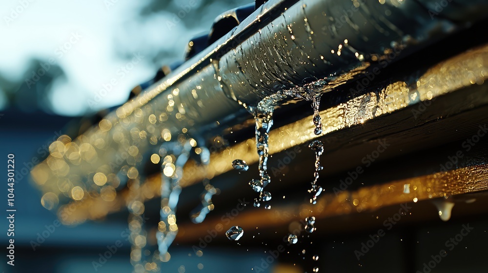 Poster rain water flowing from gutter in macro detail