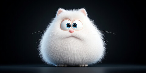 Fototapeta premium Banner of a wide-eyed fluffy white cat character on a dark background with an inquisitive expression