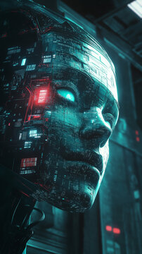 robot cyborg soldier in cyber world futuristic background artificial intelligence science-fiction metropolis wallpaper future backdrop blue red internet cyberspace