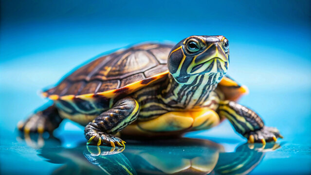 vibrant turtle with intricate shell patterns stands poised against a striking blue backdrop.