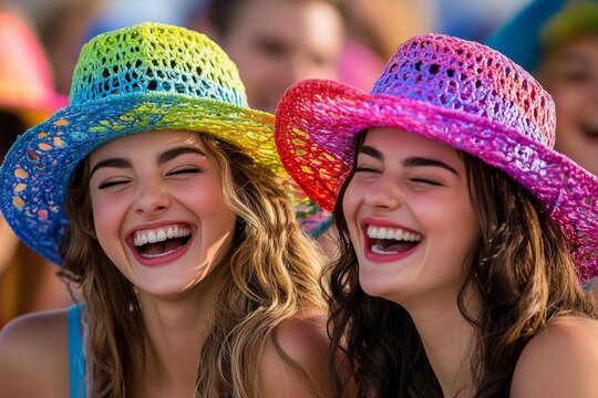 A person laughing while trying on funny hats with a friend, symbolizing the joy of being silly and letting go