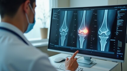 Doctor Conducting Ultrasound Examination of Knee Joint X-ray Display
