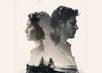 Man and woman stand with their backs to each other. Natural landscape shines through in silhouettes of people. Quarreled couple with double exposure. Love, relationships