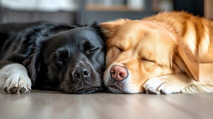 Fototapeta na wymiar Two adorable dogs curled up together on the floor enjoying a peaceful and heartwarming moment of companionship and comfort in their familiar home setting