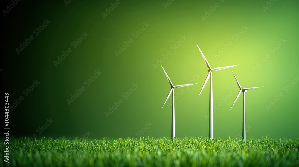 Wall mural wind turbines on green grass field with gradient background representing clean energy and sustainabi