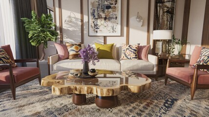 A modern living room interior with a white sofa, two pink armchairs, a wooden coffee table, a rug, and artwork on the wall.