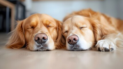 Two dogs lying on the floor touching noses and sharing a calm and peaceful moment together displaying a strong bond and affection